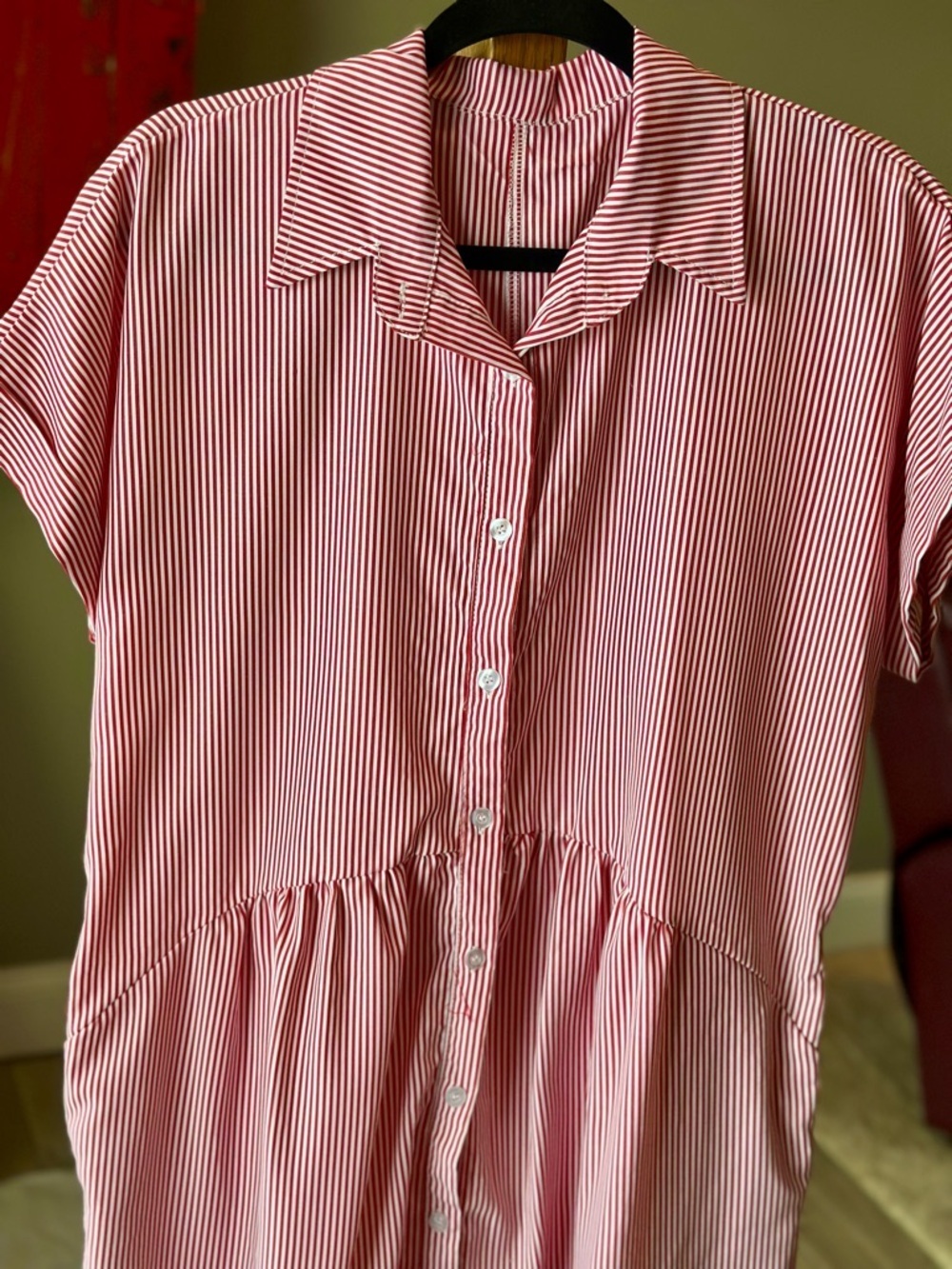 Midi Length Summer Ready Red Pinstripe Polyester Button Front Short Sleeve Dress